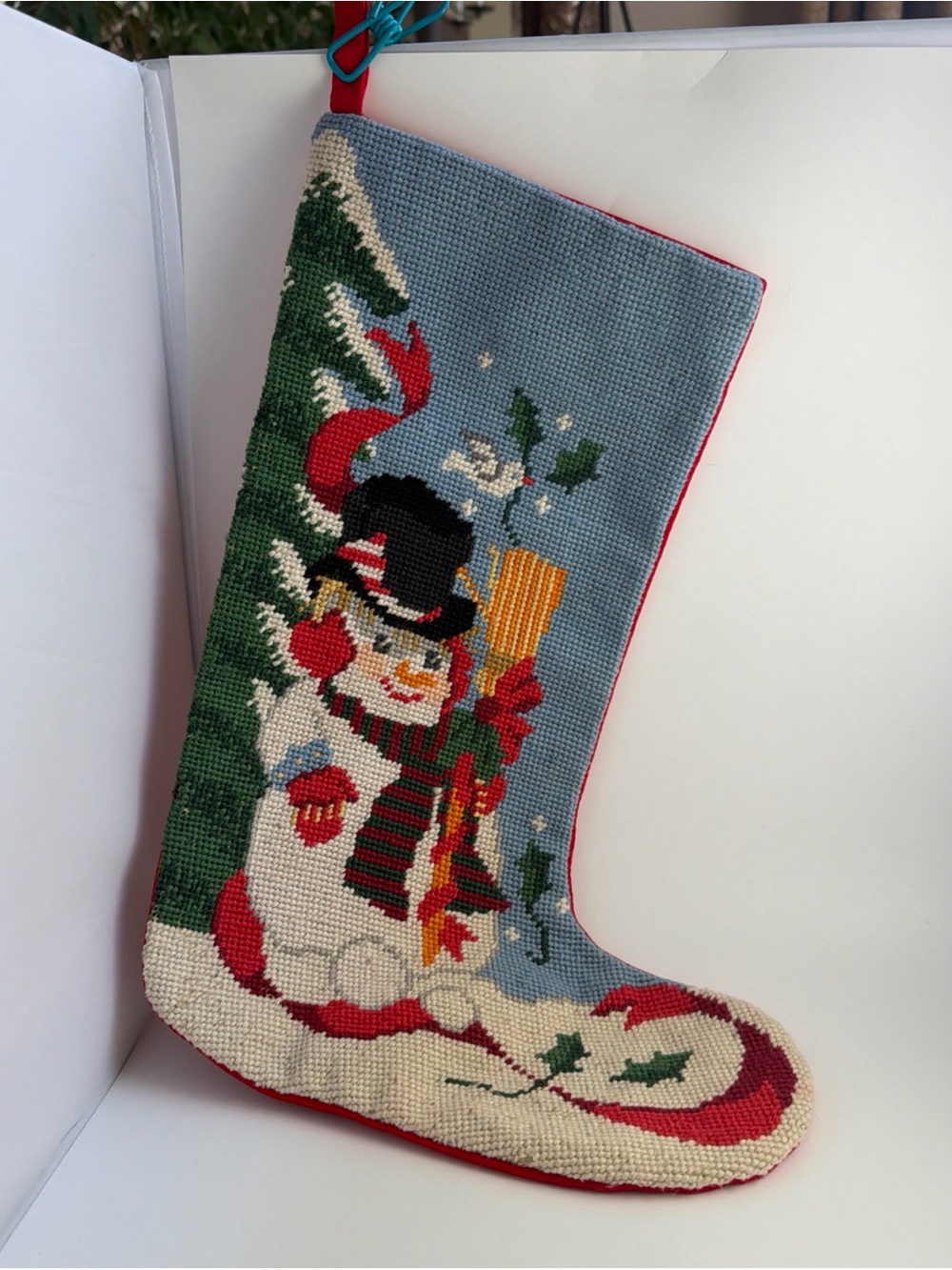 Vintage Wool Needlepoint Christmas Stocking Velvet Let It Snow Snowman